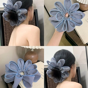 Oversized Flower Scrunchie Blue White Gingham Fabric Hair Tie High Elasticity Ponytail Holder For Women Girls Korean Style