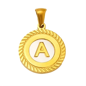 Golden stainless steel round pendant with white letter A and decorative rope border