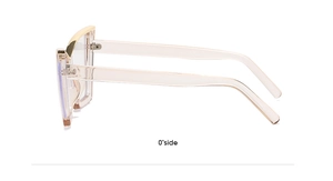 Side view of trendy transparent square frames with gold metal decorative top bars