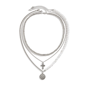 Three-layer silver necklace set with cross pendant, compass charm and pearls for men