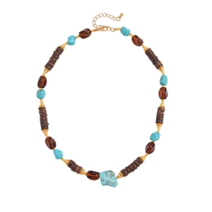 Bohemian beaded sweater necklace with turquoise and amber resin stones in ethnic style