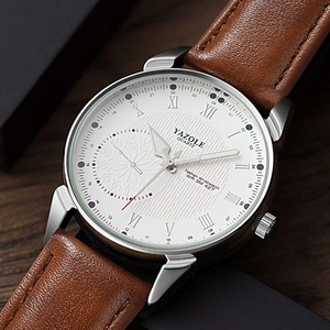 Business men's quartz watch with brown leather strap and white roman numeral dial