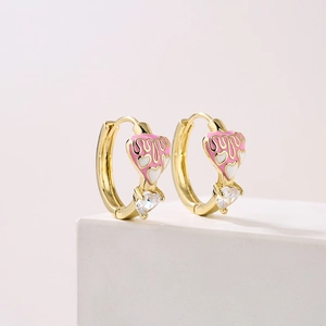 Pink and white enamel heart earrings in 18K gold plating with teardrop zircons