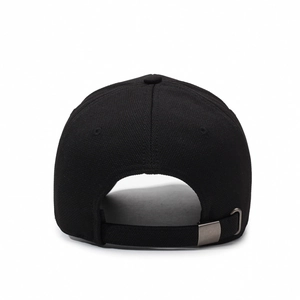Rear view of black baseball cap with textured pineapple fabric and adjustable metal strap buckle