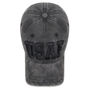 Vintage dark grey washed denim baseball cap with USAF embroidery and contrast stitching