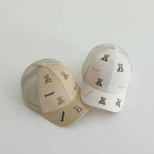 Kids breathable mesh baseball cap with embroidered bear design in beige and cream colors