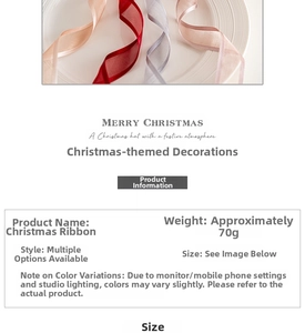 Detail view of 70g lightweight organza Christmas ribbons in red, silver and champagne tones