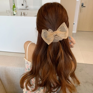 Large Bow Scrunchie Mesh Tulle Rhinestone Beaded Edge Hair Tie Elegant Korean Style Fashion Ponytail Holder For Women