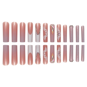 Pink gradient long coffin press-on nails set with floral art, rhinestones and glitter