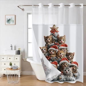 Detail of waffle weave shower curtain with festive cats in Christmas hats print