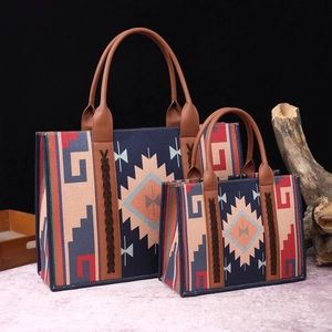 Bohemian geometric woven tote bag with vintage ethnic patterns and brown leather handles