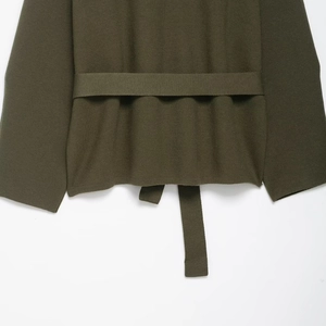 Slim fit army green ribbed knit cardigan with matching woven waist belt back view