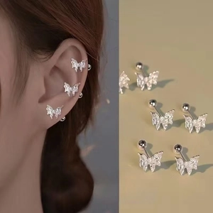 Detail of S925 silver butterfly earrings with zircons and secure screw ball backs