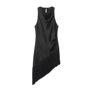 Robe Courte En Satin Asymétrique Franges Gland Sans Manches Col Bénitier Dos Nu Soirée Élégante Pour Femme Noir