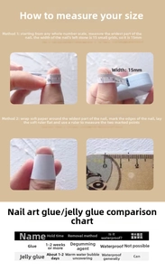 Press-on nails size guide with measurement steps and adhesive glue comparison table