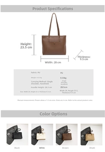 Detailed size chart and specifications for the large capacity PU leather tote bag