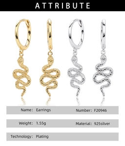 Macro shot of gold and silver S925 sterling silver snake earrings with product specs