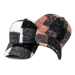 Winter faux teddy wool plaid baseball caps with thick warm bouclé fabric in assorted colors