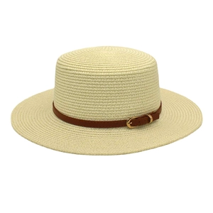 Detail of off-white wide brim straw hat featuring a brown leather belt with a gold buckle
