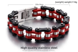 Macro shot of industrial steel bike chain bracelet detailing red and black links
