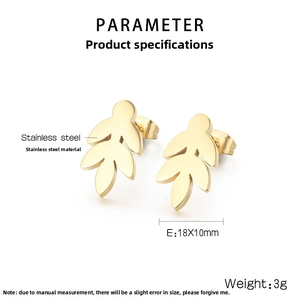 Detailed view of leaf-shaped stainless steel earrings with 18x10mm size specifications