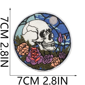 7cm round skull and rose embroidered patch with colorful floral and starry sky details