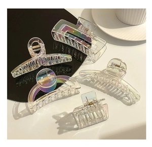 Detail view of large iridescent acrylic shark hair claws in multiple geometric shapes