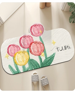Detail of artistic oil painting tulip bathroom mat with non-slip absorbent plush texture