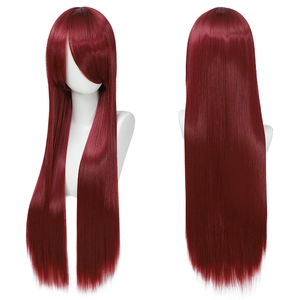 Front and back view of long straight dark red cosplay wig with bangs on a model head