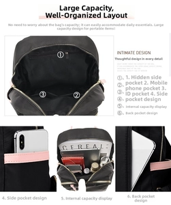 Detail view of the black nylon backpack showing its spacious multi-pocket interior structure