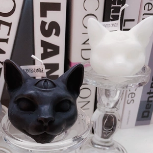 Three-eyed black and white cat scented candles for gothic Halloween home decoration
