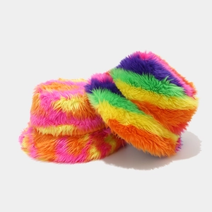 Rainbow fuzzy faux fur bucket hat for women, soft plush winter sun hat in colorful stripes