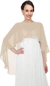 Close-up of semi-transparent beige chiffon capelet with elegant wavy hem for evening gowns