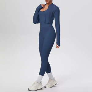 Completo yoga 3 pezzi blu navy con giacca zip, reggiseno sportivo e leggings a vita alta
