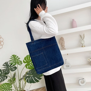 Borsa tote in denim blu scuro di grande capacità con tasca frontale per scuola e tempo libero