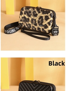 Detail of mini suitcase crossbody bags in leopard print and black with striped hard shell
