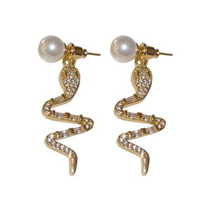 14K gold plated snake drop earrings with sparkling crystals and elegant white pearls