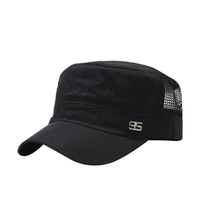 Men's black flat top military cap with breathable mesh and metal number 95 detail