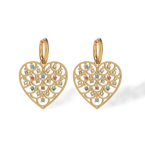 Gold plated tree of life heart drop earrings with colorful zircon crystals on white background