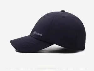 Detail view of the side stitching and narason embroidery on dark blue baseball cap