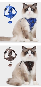 Detail view of breathable mesh cat harness in blue and coffee with reflective safety strips