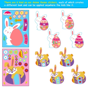 Detailed view of DIY Easter bunny and colorful egg sticker sheets for children crafts