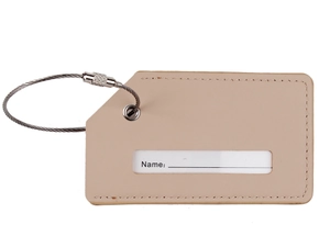 Detailed view of beige leather luggage tag with steel cable loop and name card slot