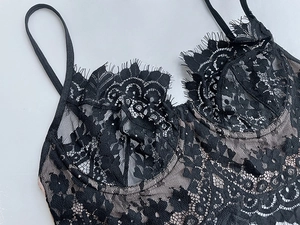 Détail de la dentelle cil noire et de la texture en maille sur un soutien-gorge dos nu