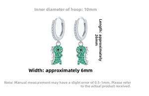 Detailed size view of silver dinosaur earrings with green zircon and 10mm inner diameter
