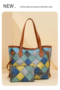 Detail of color-block patchwork tote set with embossed crocodile texture and matching pouch