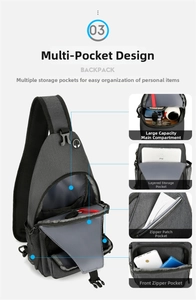 Detail view of large capacity dark grey crossbody bag with multiple storage compartments