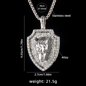 Silver wolf head shield pendant necklace with rhinestones and 70cm stainless steel chain