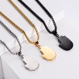Three-color stainless steel box chain necklaces with Fatima hand pendants on geometric blocks