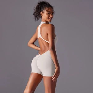 Detailed back view of backless yoga bodysuit with V-shape scrunch seam for butt lifting